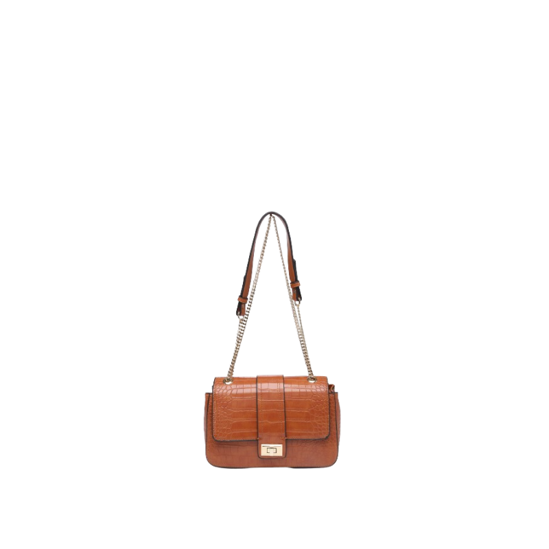 Mala tiracolo com corrente e bolso exterior camel