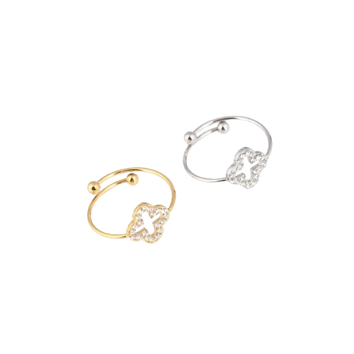 Anillo ajustable de acero con forma de trébol y diamantes